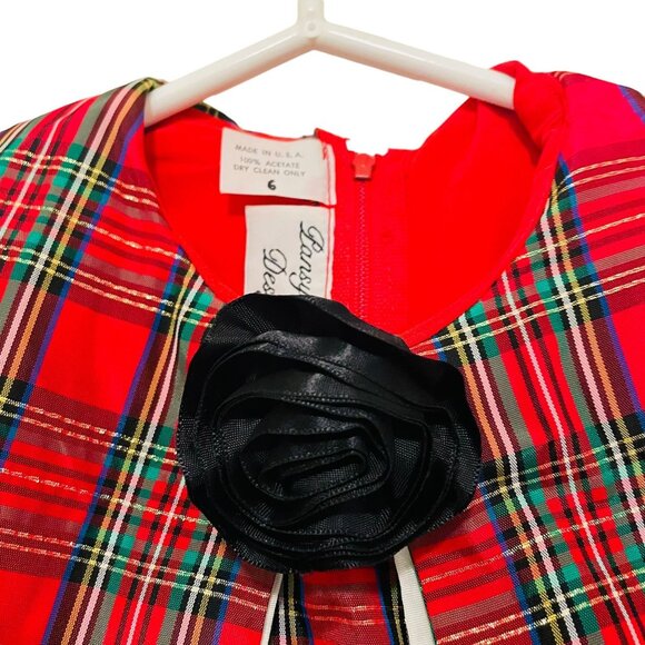 Vintage Pansy Mar Designs Girls Dress Red Plaid Black Flower Accent & Capelet S - Picture 2 of 4